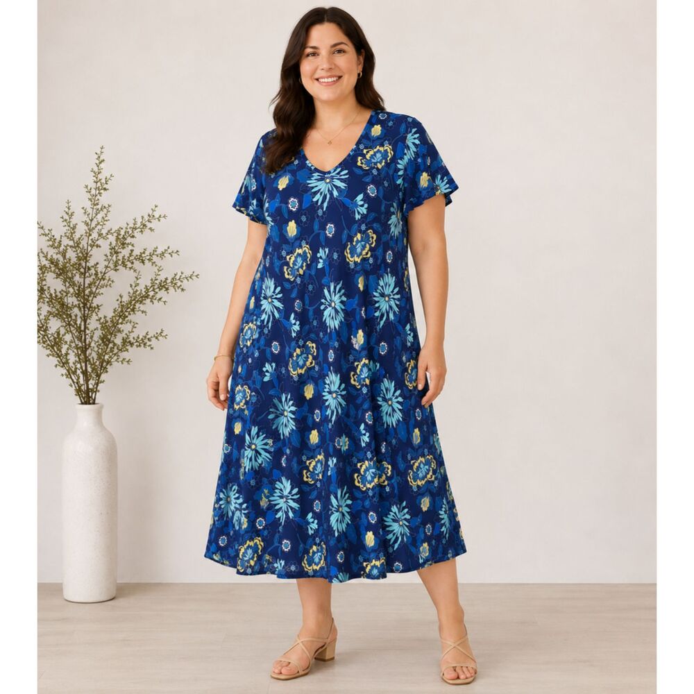 CROFT & BARROW Women’s Blue Floral Midi Dress Size 14 Cottagecore Flowy